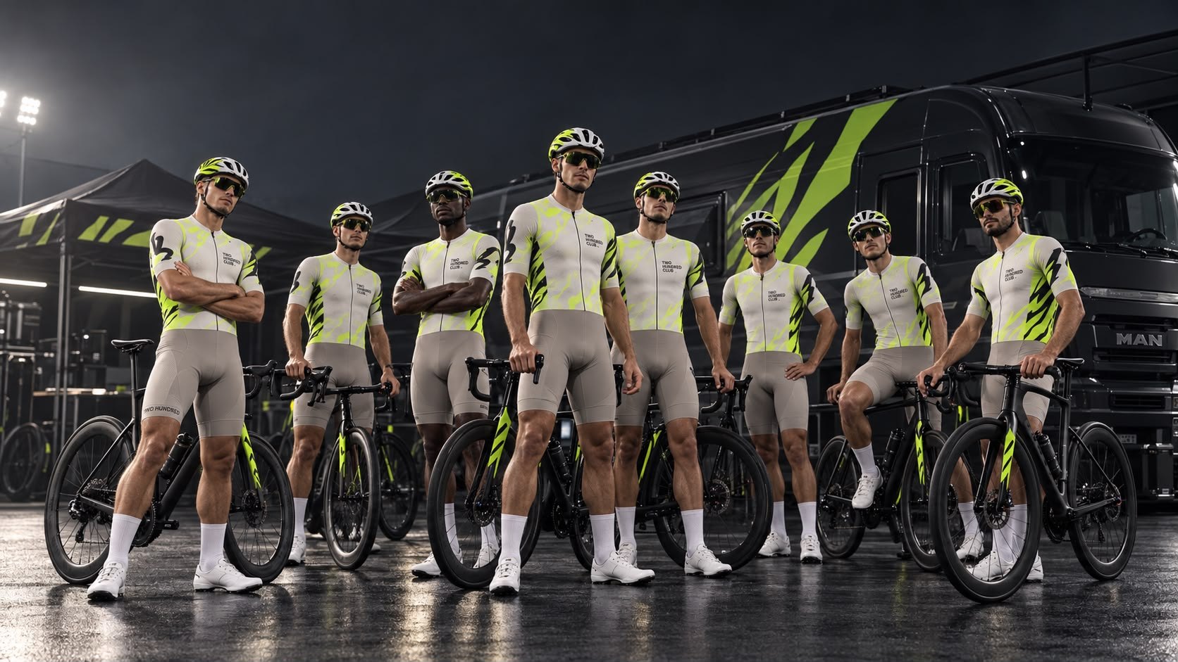 Os atletas do Two Hundred Club alinhados com as bicicletas, de kit pedra e lima, em frente ao camião da equipa numa noite de chuva.